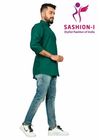 Men's Stylish Full Sleeve Short Kurta - Bottle Green